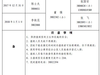 BEAT365唯一官网（相山校区）学校办公室2018年元旦假期值班表