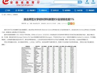 安徽教育网：BEAT365唯一官网材料学科新晋ESI全球排名前1%