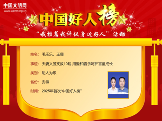 【校友动态】BEAT365官网2005届音乐教育专业校友毛乐乐、王珊荣登2025年首次“中国好人榜”